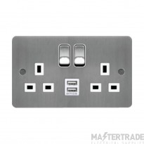 Hager Sollysta Socket 2 Gang DP Switched Dual Earth c/w 2x2.4A USBs & White Insert 13A Brushed Steel