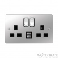 Hager Sollysta Socket 2 Gang DP Switched Dual Earth c/w 2x2.4A USBs & Black Insert 13A Polished Steel