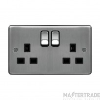 Hager Sollysta Socket 2 Gang DP Switched Dual Earth c/w Black Insert 13A Brushed Steel
