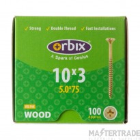 50x75mm Countersunk Twin Thread Wood Screw Pack=100