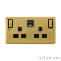Click Deco Plus DPBR586BK 13A 2 Gang Switched Socket Outlet With Type A & C USB (4.2A) Outlets Polished Brass
