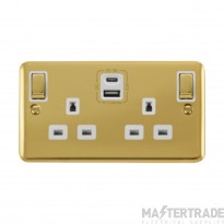Click Deco Plus DPBR586WH 13A 2 Gang Switched Socket Outlet With Type A & C USB (4.2A) Outlets Polished Brass