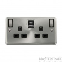 Click Deco Plus DPSC586BK 13A 2 Gang Switched Socket Outlet With Type A & C USB (4.2A) Outlets Satin Chrome