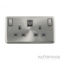 Click Deco Plus DPSC586GY 13A 2 Gang Switched Socket Outlet With Type A & C USB (4.2A) Outlets Satin Chrome