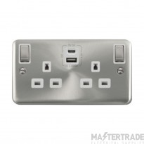 Click Deco Plus DPSC586WH 13A 2 Gang Switched Socket Outlet With Type A & C USB (4.2A) Outlets Satin Chrome