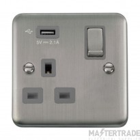 Click Deco Plus DPSS571UGY 13A 1 Gang Switched Socket Outlet With Single 2.1A USB Outlet Stainless Steel