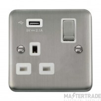 Click Deco Plus DPSS571UWH 13A 1 Gang Switched Socket Outlet With Single 2.1A USB Outlet Stainless Steel
