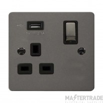 Click Define Socket Ingot 1 Gang Switched & USB Outlet Black Insert 13A 5V 2.1A Nickel