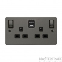 Click Define Socket 2 Gang Switched c/w Twin USB Outlet Type A & C 13A 2x2.1A Black Nickel