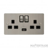Click Define FPSS570BK 13A 2 Gang Switched Socket Outlet With Single 2.1A USB Outlet Stainless Steel