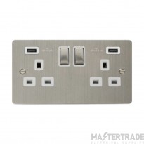 Click Define FPSS580WH 13A 2 Gang Switched Socket Outlet With Twin USB (Total 4.2A) Outlets Stainless Steel