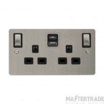Click Define FPSS586BK 13A 2 Gang Switched Socket Outlet With Type A & C USB (4.2A) Outlets Stainless Steel