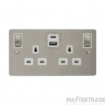 Click Define FPSS586WH 13A 2 Gang Switched Socket Outlet With Type A & C USB (4.2A) Outlets Stainless Steel