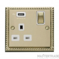 Click Deco GCBR571UWH 13A 1 Gang Switched Socket Outlet With Single 2.1A USB Outlet Georgian Brass