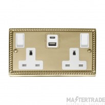 Click Deco GCBR786WH 13A 2 Gang Switched Socket Outlet With Type A & C USB (4.2A) Outlets Georgian Brass
