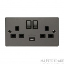 Click Deco Socket Ingot 2G Switched c/w USB Outlet Black Insert Victorian 13A 2.1A Nickel