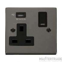 Click Deco Socket 1 Gang Switched & USB Outlet Black Insert Victorian 13A 5V 2.1A Nickel