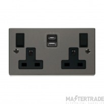 Click Deco Socket 2 Gang Switched c/w Twin USB Outlet Type A & C 13A 2x2.1A Black Nickel