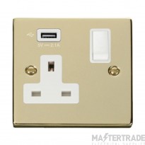 Click Deco VPBR771UWH 13A 1 Gang Switched Socket Outlet With Single 2.1A USB Outlet Brass