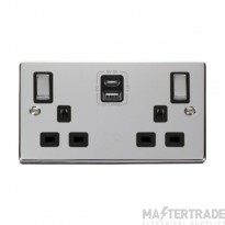Click Deco VPCH586BK 13A 2 Gang Switched Socket Outlet With Type A & C USB (4.2A) Outlets Chrome