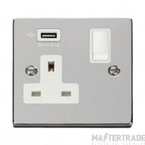Click Deco VPCH771UWH 13A 1 Gang Switched Socket Outlet With Single 2.1A USB Outlet Chrome