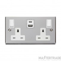 Click Deco VPCH786WH 13A 2 Gang Switched Socket Outlet With Type A & C USB (4.2A) Outlets Chrome