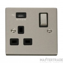 Click Deco VPPN571UBK 13A 1 Gang Switched Socket Outlet With Single 2.1A USB Outlet Pearl Nickel