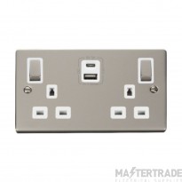 Click Deco VPPN586WH 13A 2 Gang Switched Socket Outlet With Type A & C USB (4.2A) Outlets Pearl Nickel