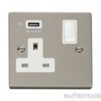 Click Deco VPPN771UWH 13A 1 Gang Switched Socket Outlet With Single 2.1A USB Outlet Pearl Nickel