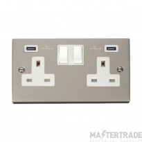 Click Deco VPPN780WH 13A 2 Gang Switched Socket Outlet With Twin USB (Total 4.2A) Outlets Pearl Nickel