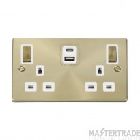 Click Deco VPSB586WH 13A 2 Gang Switched Socket Outlet With Type A & C USB (4.2A) Outlets Satin Brass