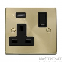 Click Deco VPSB771UBK 13A 1 Gang Switched Socket Outlet With Single 2.1A USB Outlet Satin Brass
