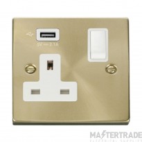 Click Deco VPSB771UWH 13A 1 Gang Switched Socket Outlet With Single 2.1A USB Outlet Satin Brass