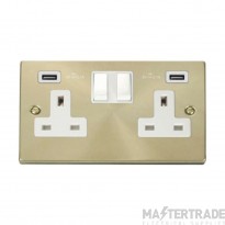 Click Deco VPSB780WH 13A 2 Gang Switched Socket Outlet With Twin USB (Total 4.2A) Outlets Satin Brass