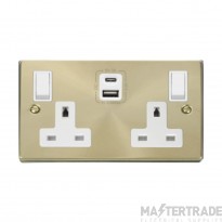 Click Deco VPSB786WH 13A 2 Gang Switched Socket Outlet With Type A & C USB (4.2A) Outlets Satin Brass