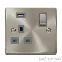 Click Deco VPSC571UGY 13A 1 Gang Switched Socket Outlet With Single 2.1A USB Outlet Satin Chrome