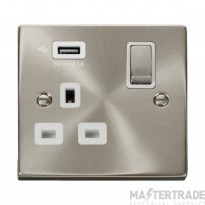 Click Deco VPSC571UWH 13A 1 Gang Switched Socket Outlet With Single 2.1A USB Outlet Satin Chrome