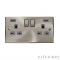 Click Deco VPSC580GY 13A 2 Gang Switched Socket Outlet With Twin USB (Total 4.2A) Outlets Satin Chrome