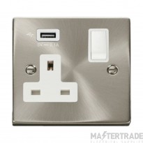 Click Deco VPSC771UWH 13A 1 Gang Switched Socket Outlet With Single 2.1A USB Outlet Satin Chrome