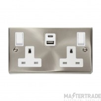 Click Deco VPSC786WH 13A 2 Gang Switched Socket Outlet With Type A & C USB (4.2A) Outlets Satin Chrome