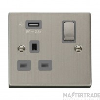 Click Deco VPSS571UGY 13A 1 Gang Switched Socket Outlet With Single 2.1A USB Outlet Stainless Steel