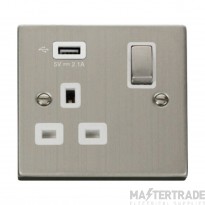 Click Deco VPSS571UWH 13A 1 Gang Switched Socket Outlet With Single 2.1A USB Outlet Stainless Steel