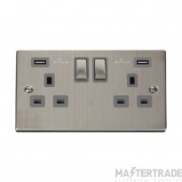 Click Deco VPSS580GY 13A 2 Gang Switched Socket Outlet With Twin USB (Total 4.2A) Outlets Stainless Steel