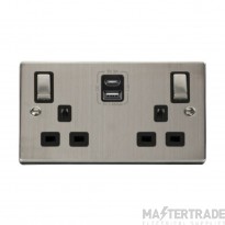 Click Deco VPSS586BK 13A 2 Gang Switched Socket Outlet With Type A & C USB (4.2A) Outlets Stainless Steel