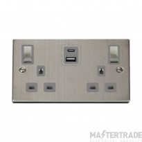 Click Deco VPSS586GY 13A 2 Gang Switched Socket Outlet With Type A & C USB (4.2A) Outlets Stainless Steel