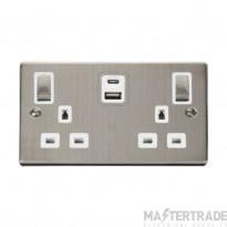 Click Deco VPSS586WH 13A 2 Gang Switched Socket Outlet With Type A & C USB (4.2A) Outlets Stainless Steel
