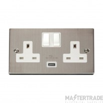Click Deco VPSS770WH 13A 2 Gang Switched Socket Outlet With Single 2.1A USB Outlet Stainless Steel