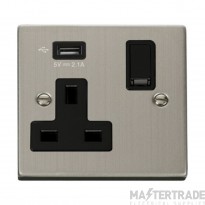 Click Deco VPSS771UBK 13A 1 Gang Switched Socket Outlet With Single 2.1A USB Outlet Stainless Steel