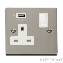 Click Deco VPSS771UWH 13A 1 Gang Switched Socket Outlet With Single 2.1A USB Outlet Stainless Steel