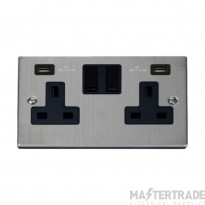 Click Deco VPSS780BK 13A 2 Gang Switched Socket Outlet With Twin USB (Total 4.2A) Outlets Stainless Steel